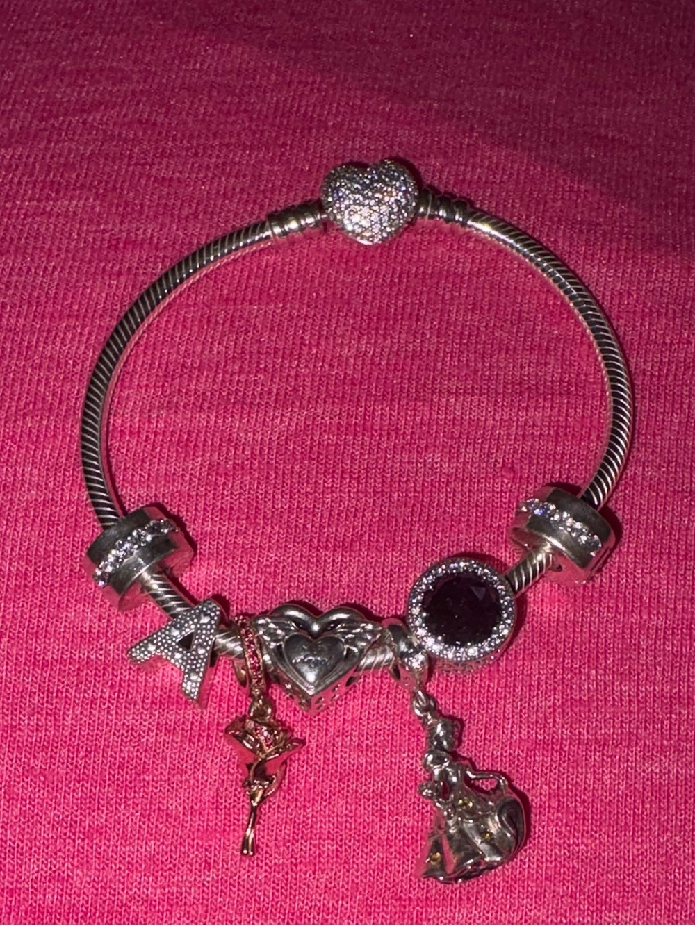Pandora Silver Pave Heart Charm Bangle (Bracelet) with 5 Charms and 2 Spacers